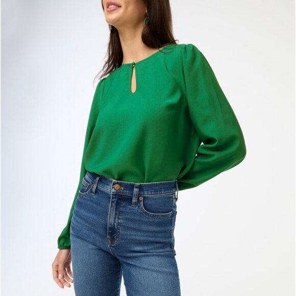J.Crew Petite keyhole Top Long Sleeve Deep Emerald Women Size Medium Petite - Picture 1 of 15